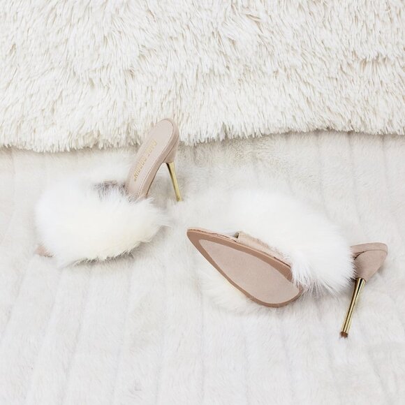 Furry Pointy Toe Slip On Gold Tone Slim Heels Nude - Picture 4 of 11